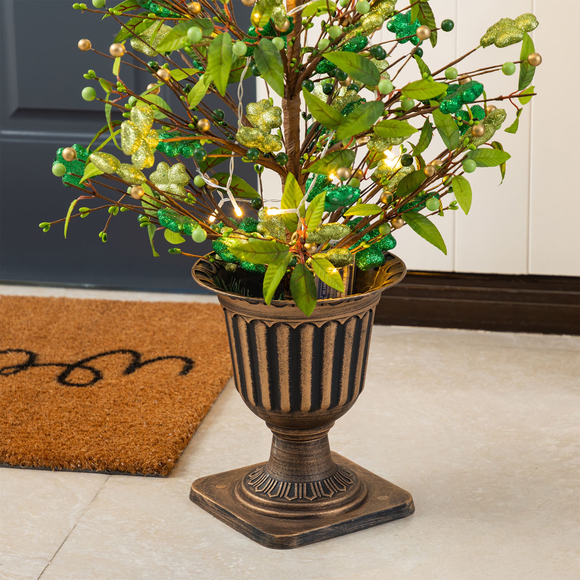 Glitzhome® 36" Lighted St. Patrick's Shamrock Urn Porch Tree with Timer
